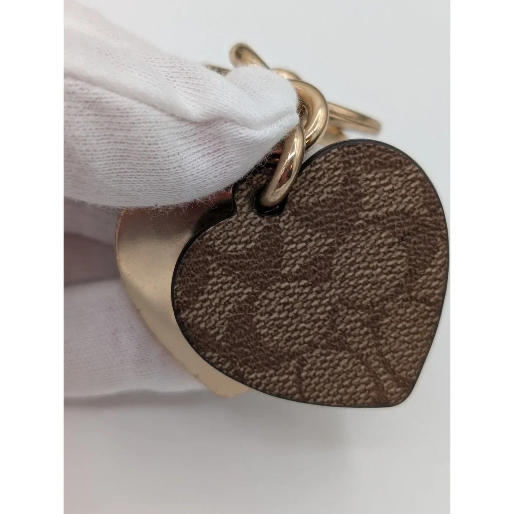 Coach Heart Logo Keychain Gold Tone & Signature Brown Leather Charm Key Ring